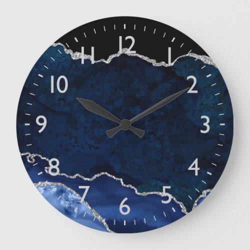 Navy Blue and Silver Marble Agate Large Clock