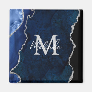 Navy Blue and Silver Marble Agate Magnet