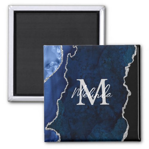 Navy Blue and Silver Marble Agate Magnet