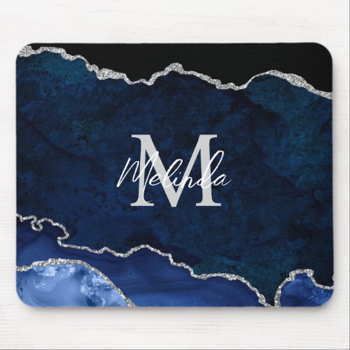 Navy Blue and Silver Marble Agate Mouse Pad
