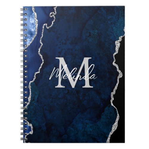 Navy Blue and Silver Marble Agate Notebook