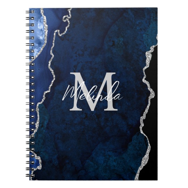 Navy Blue and Silver Marble Agate Notebook (Front)