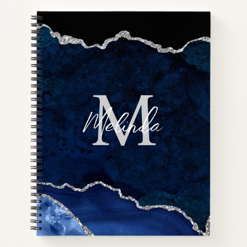 Navy Blue and Silver Marble Agate Notebook