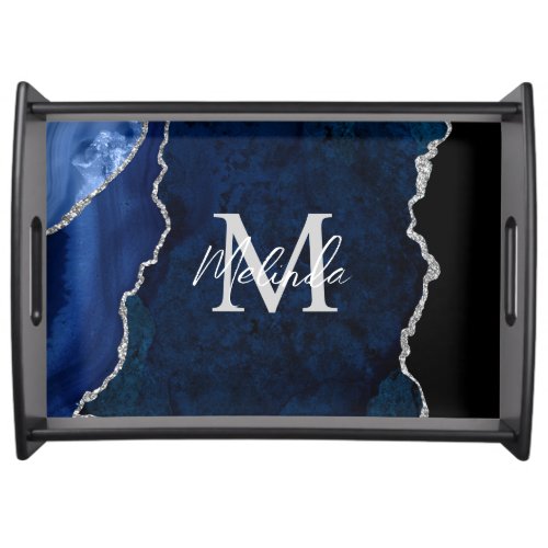 Navy Blue and Silver Marble Agate Serving Tray