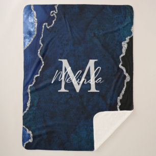 Navy Blue and Silver Marble Agate Sherpa Blanket