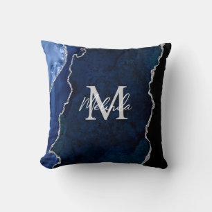 Navy Blue and Silver Marble Agate Throw Pillow