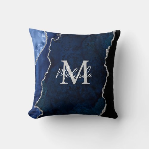 Navy Blue and Silver Marble Agate Throw Pillow