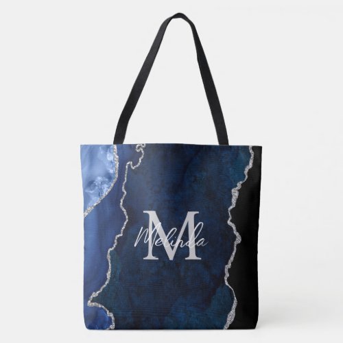 Navy Blue and Silver Marble Agate Tote Bag