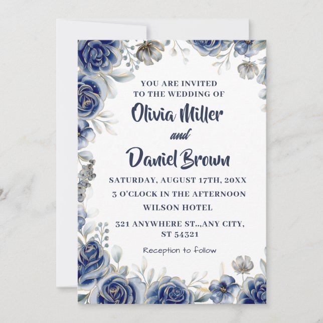 Navy Blue and Silver modern Ivory Floral Wedding Invitation (Front)
