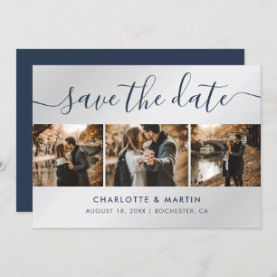 Navy Blue and Silver Modern Photo Collage Wedding Save The Date