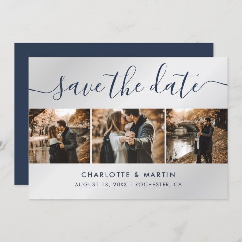 Navy Blue and Silver Modern Photo Collage Wedding Save The Date