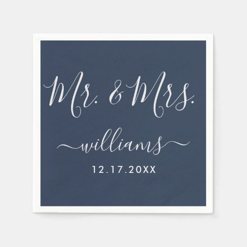 Navy Blue and Silver Modern Script Mr and Mrs Napkins