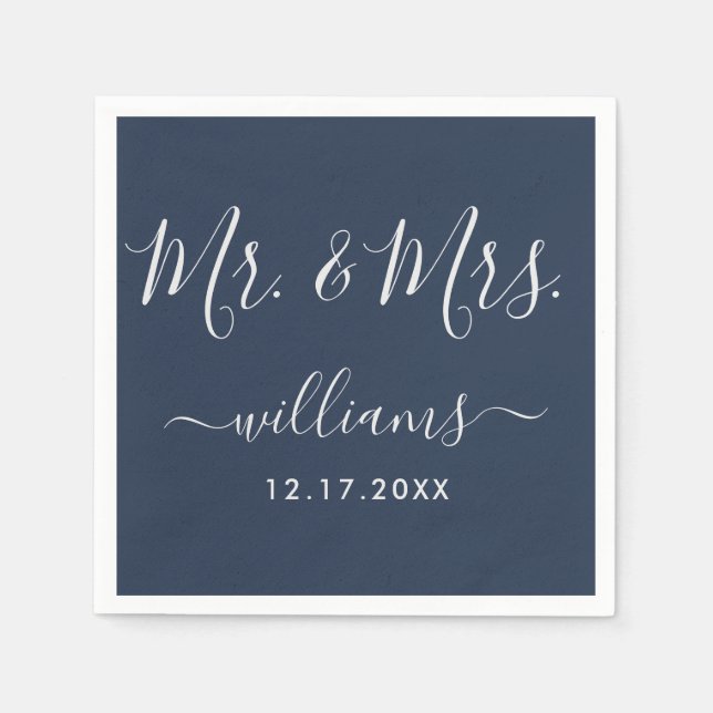 Navy Blue and Silver Modern Script Mr. and Mrs. Napkins (Front)