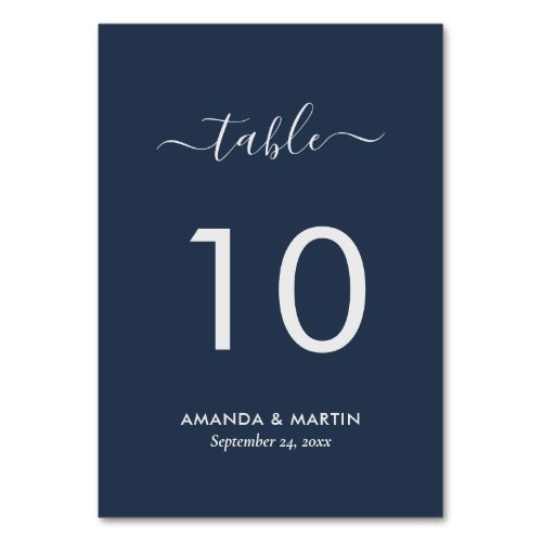 Navy Blue and Silver Modern Script Table Number