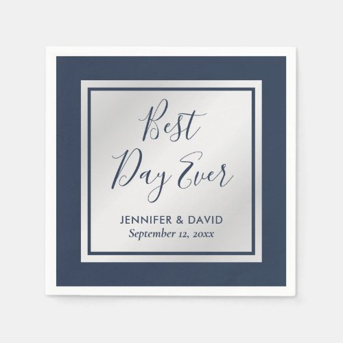 Navy Blue and Silver Modern Script Wedding Napkins