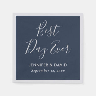 Navy Blue and Silver Modern Script Wedding Napkins
