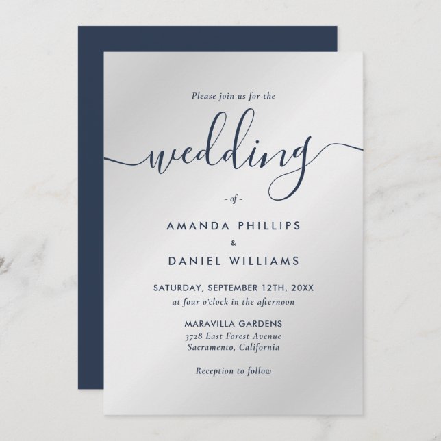 Navy Blue and Silver Modern Wedding Invitation (Front/Back)