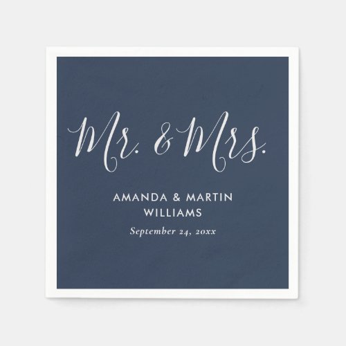 Navy Blue and Silver Mr and Mrs Wedding Napkins