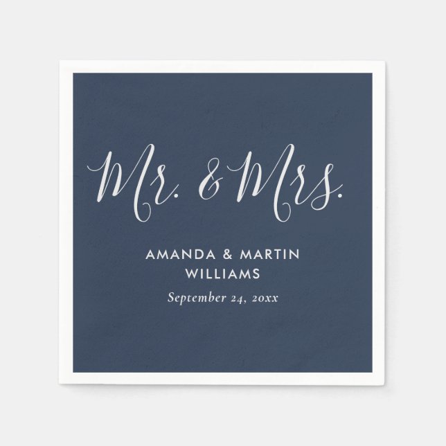 Navy Blue and Silver Mr. and Mrs. Wedding Napkins (Front)