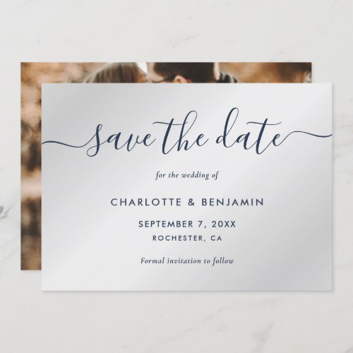 Navy Blue and Silver Photo Wedding Announcement