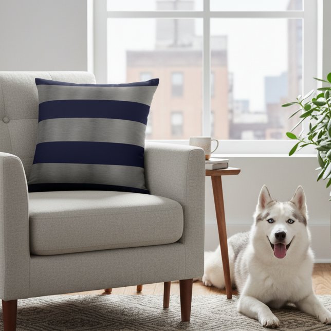 Navy Blue and Silver Pillow (Striped silver gray and navy blue pillow.)