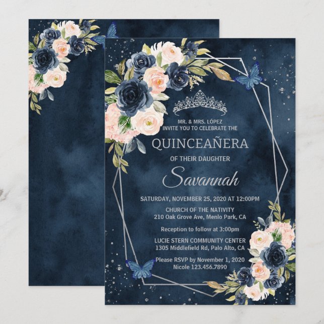 Navy Blue and Silver Rose Elegant Quinceanera Invitation (Front/Back)