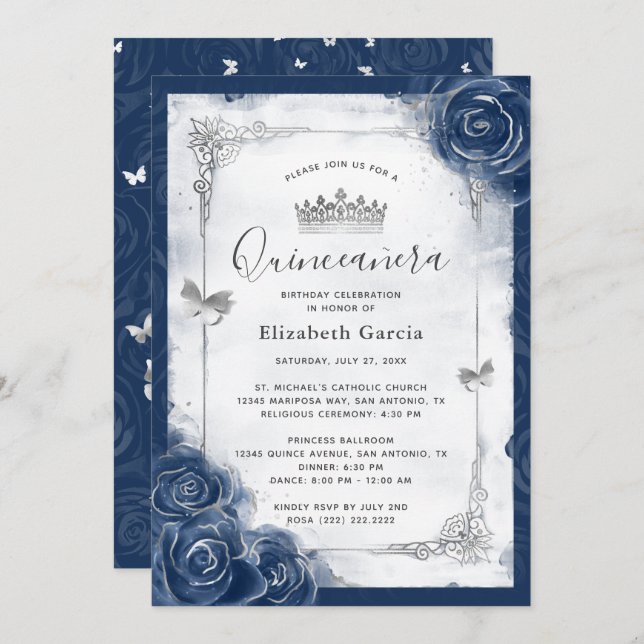 Navy Blue and Silver Rose Elegant Quinceanera Invitation (Front/Back)