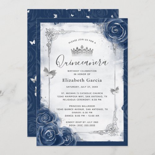 Navy Blue and Silver Rose Elegant Quinceanera Invitation