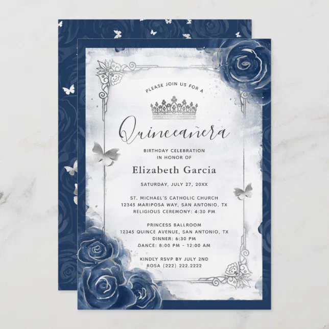 Navy Blue and Silver Rose Elegant Quinceanera Invitation | Zazzle