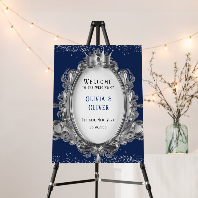 Navy Blue and Silver Royal Wedding Welcome Sign (In Situ (Stand))