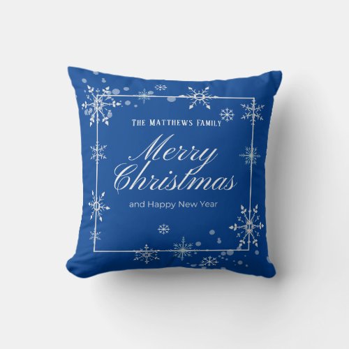 Navy Blue and Silver Snowflake Script Christmas  Throw Pillow
