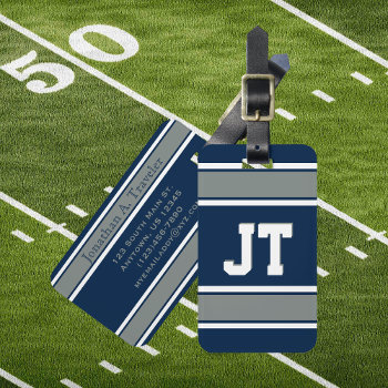 Navy Blue And Silver Sports Stripes Personalized Luggage Tag by FalconsEye at Zazzle
