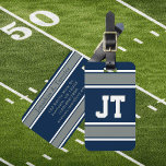 Navy Blue And Silver Sports Stripes Personalized Luggage Tag at Zazzle