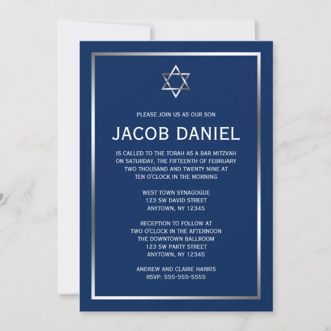Navy Blue and Silver Star of David Bar Mitzvah Invitation (Front)