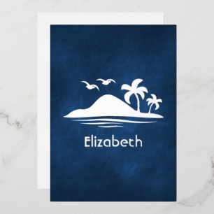 Navy Blue and Silver Tropical Bridal Shower Foil Invitation
