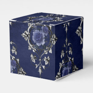 Navy Blue and Silver Victorian Floral Damask Favor Boxes