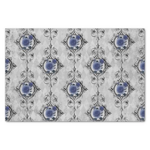 Navy Blue and Silver Victorian Floral Damask Tissue Paper