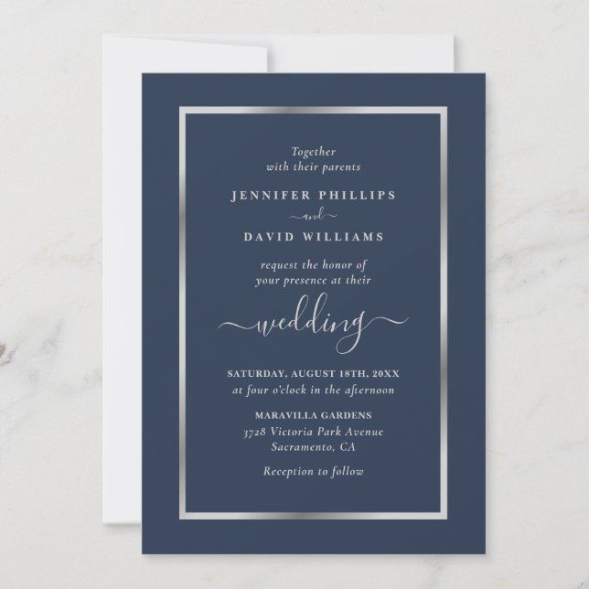Navy Blue and Silver Wedding Invitation (Front)
