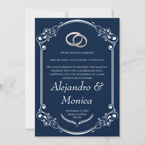 Navy Blue and Silver Wedding Ring Invitation