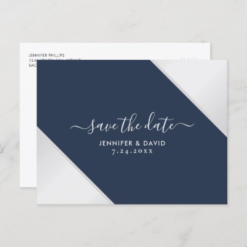 Navy Blue and Silver Wedding Save The Date Announcement Postcard