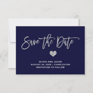 Navy Blue and Silver with Heart Photo Back Save The Date