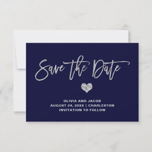 Navy Blue and Silver with Heart  Photo Back Save The Date