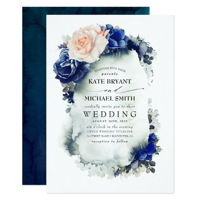 Navy Blue and Soft Peach Floral Boho Wedding Invitation