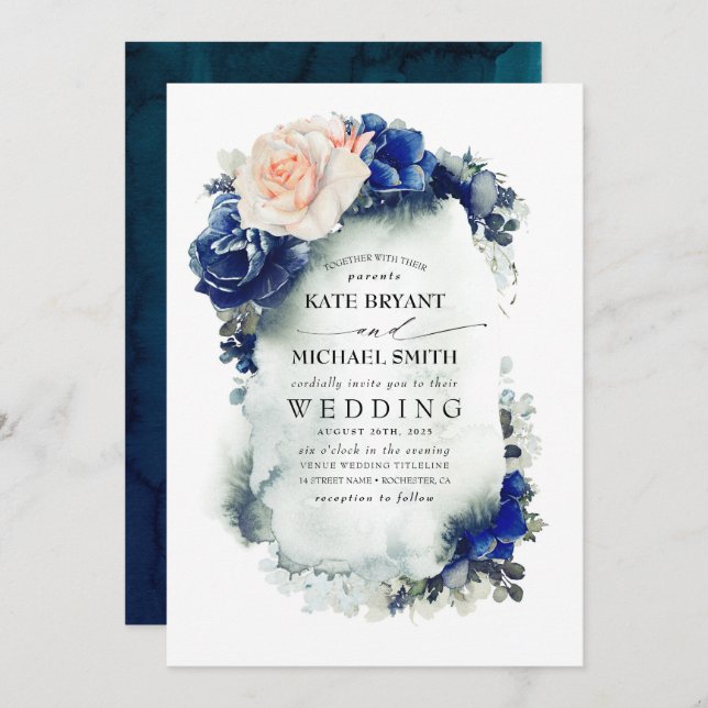 Navy Blue and Soft Peach Floral Boho Wedding Invitation (Front/Back)