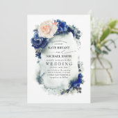 Navy Blue and Soft Peach Floral Boho Wedding Invitation (Standing Front)