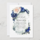 Navy Blue and Soft Peach Floral Boho Wedding Invitation (Front)