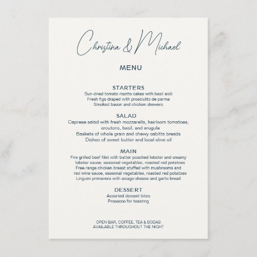 Navy Blue and Soft White Wedding Menu Card