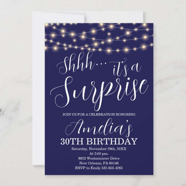 Navy Blue and String Light Surprise Birthday Invitation (Front)