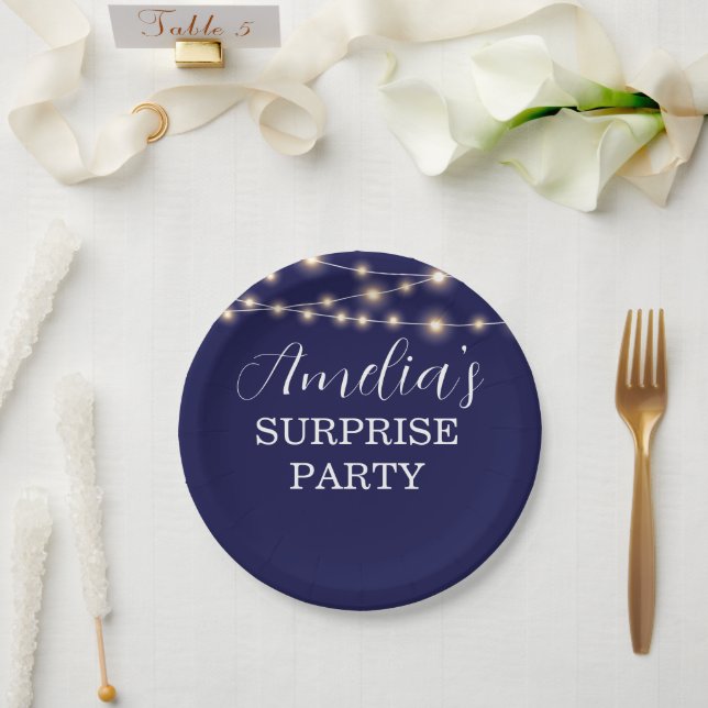 Navy Blue and String Light Surprise Birthday Paper Plates (Wedding)