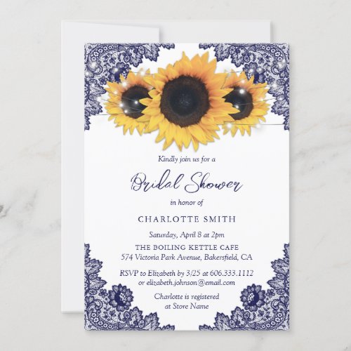 Navy Blue and Sunflower Bridal Invitation